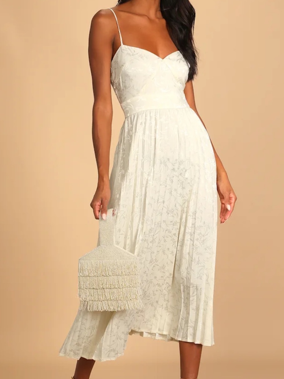NWT Lulus Regal Romance Ivory Floral Jacquard Pleated Satin Midi Dress